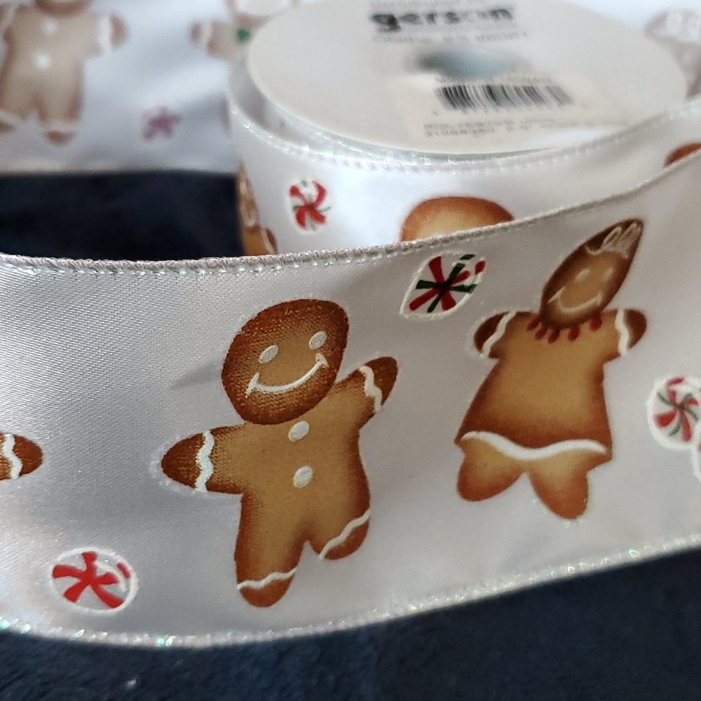 Vintage Yule Tidings Wired Satin Ribbon - Gingerbread Man  - 4.5 yards x 2.5" wi